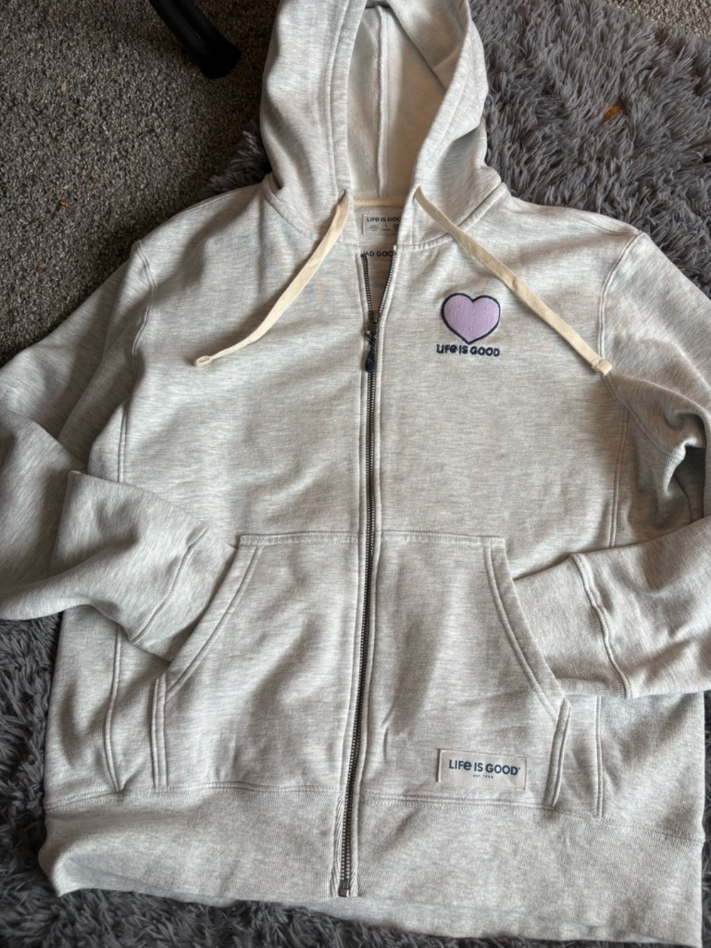 New with tags Life is Good Ladies Light Gray Zip Hoodie with Purple Heart-Large